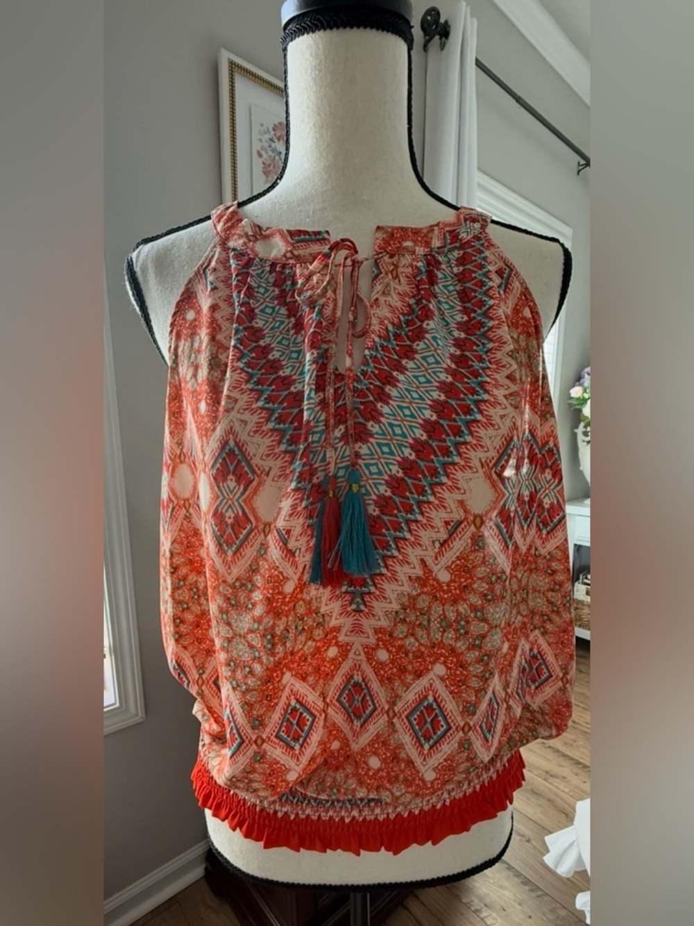 Rose & Olive Red Patterned Halter Camisole with Blue Tassels